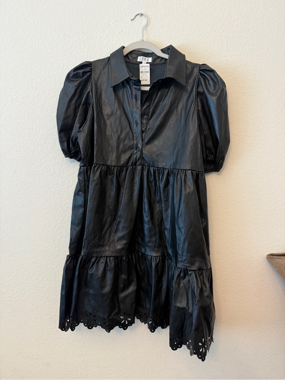 Women’s Black Faux Leather Tiered Dress